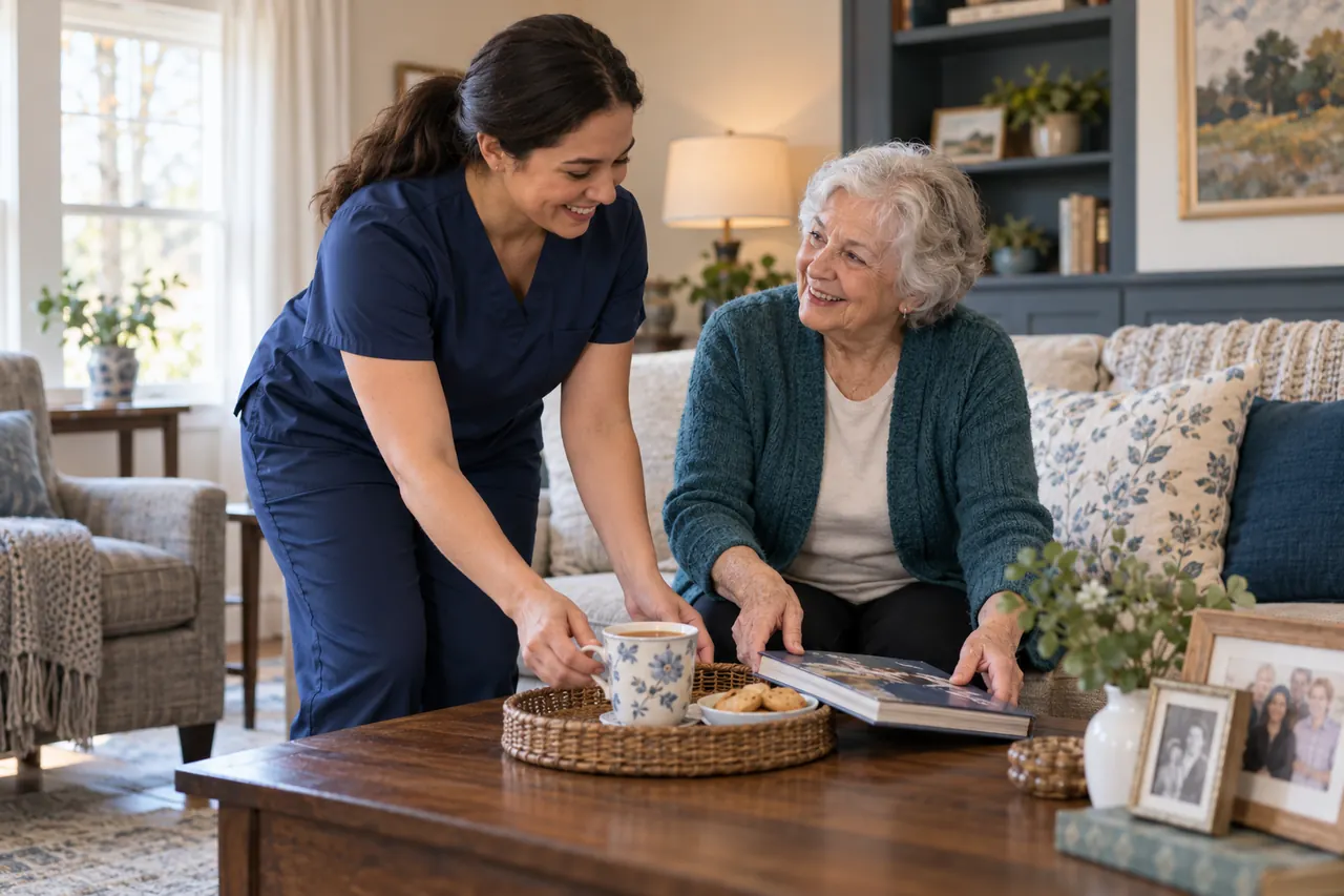 Home Care Aide spending time with an older adult at home