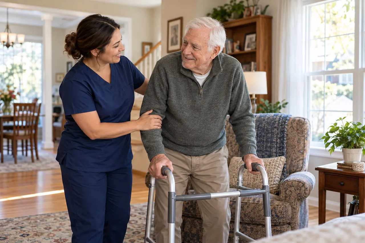 Home Care Aide assisting an older adult with a walker at home
